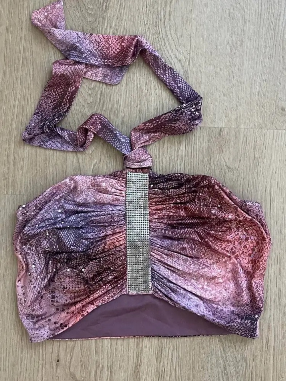 Velvet Halter Crop Top with Rhinestone Accent - Pink Purple